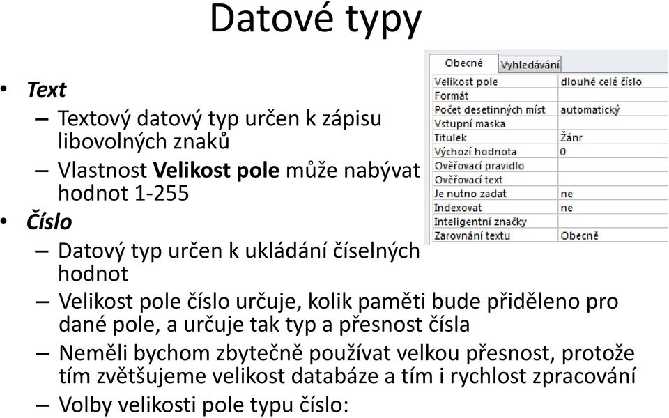 bude přiděleno pro dané pole, a určuje tak typ a přesnost čísla Neměli bychom zbytečně používat velkou