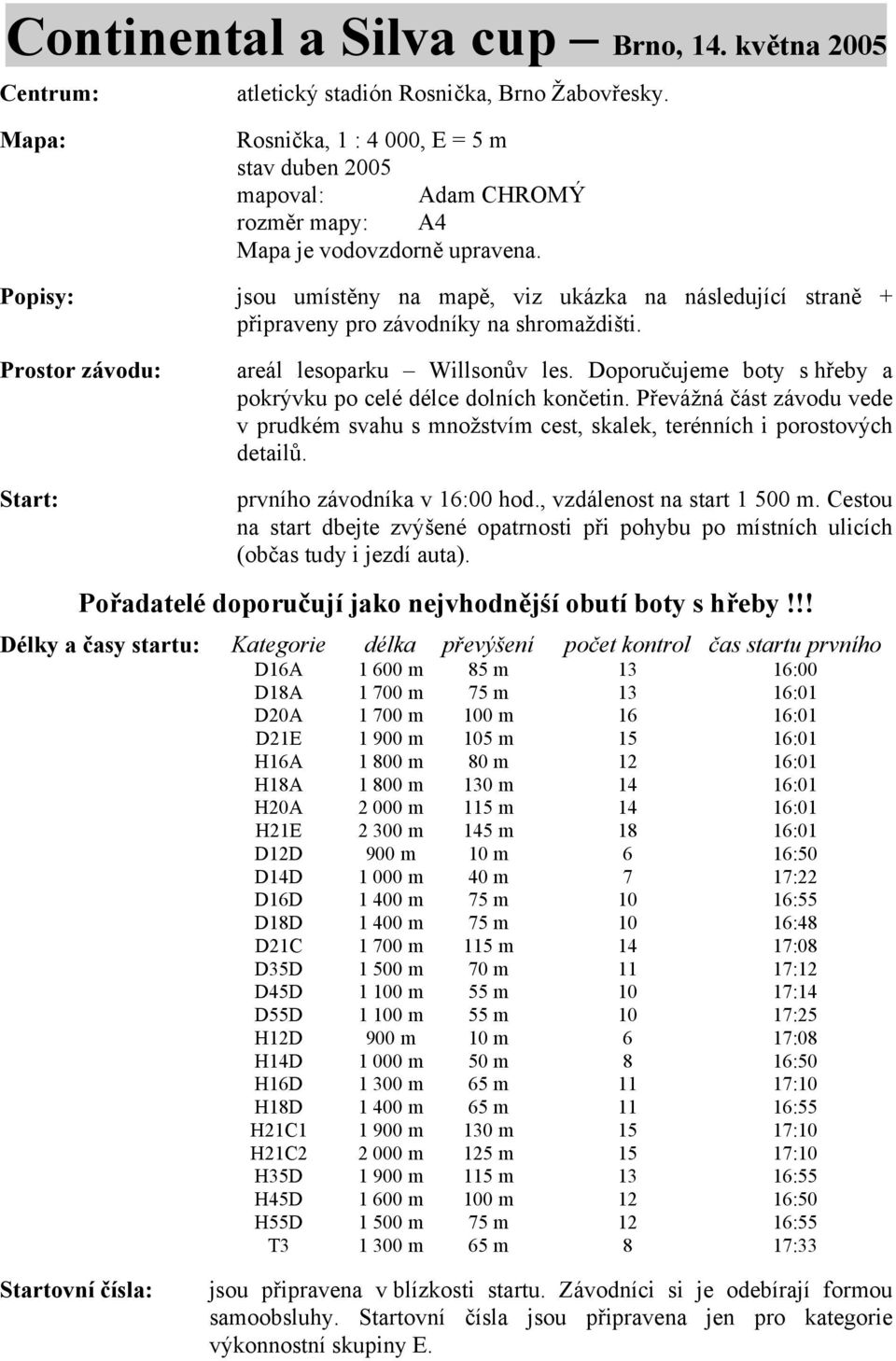 Popisy: jsou umístěny na mapě, viz ukázka na následující straně + připraveny pro závodníky na shromaždišti. Prostor závodu: areál lesoparku Willsonův les.