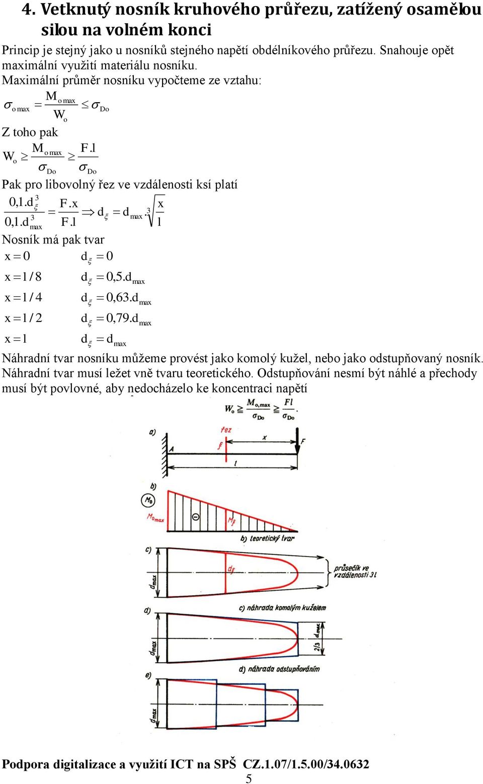 3 3 ma 0,1 dma F Nosník má pak tvar 0 d 0 /8 d 0,5 dma / 4 d 0,3 dma / 2 d 0,79 dma d dma Náhradní tvar nosníku můžeme provést jako komoý kuže, nebo jako