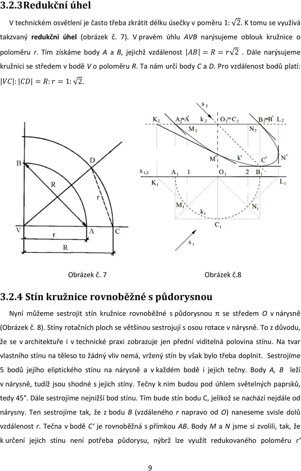 Pro vzdálenost bodů platí:. Obrázek č. 7 Obrázek č.8 3.2.4 Stín kružnice rovnoběžné s půdorysnou Nyní můžeme sestrojit stín kružnice rovnoběžné s půdorysnou π se středem O v nárysně (Obrázek č. 8).