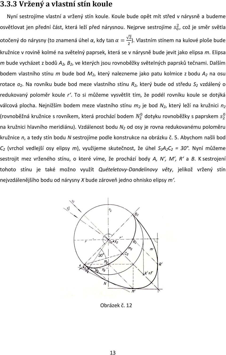 Vlastním stínem na kulové ploše bude kružnice v rovině kolmé na světelný paprsek, která se v nárysně bude jevit jako elipsa m.