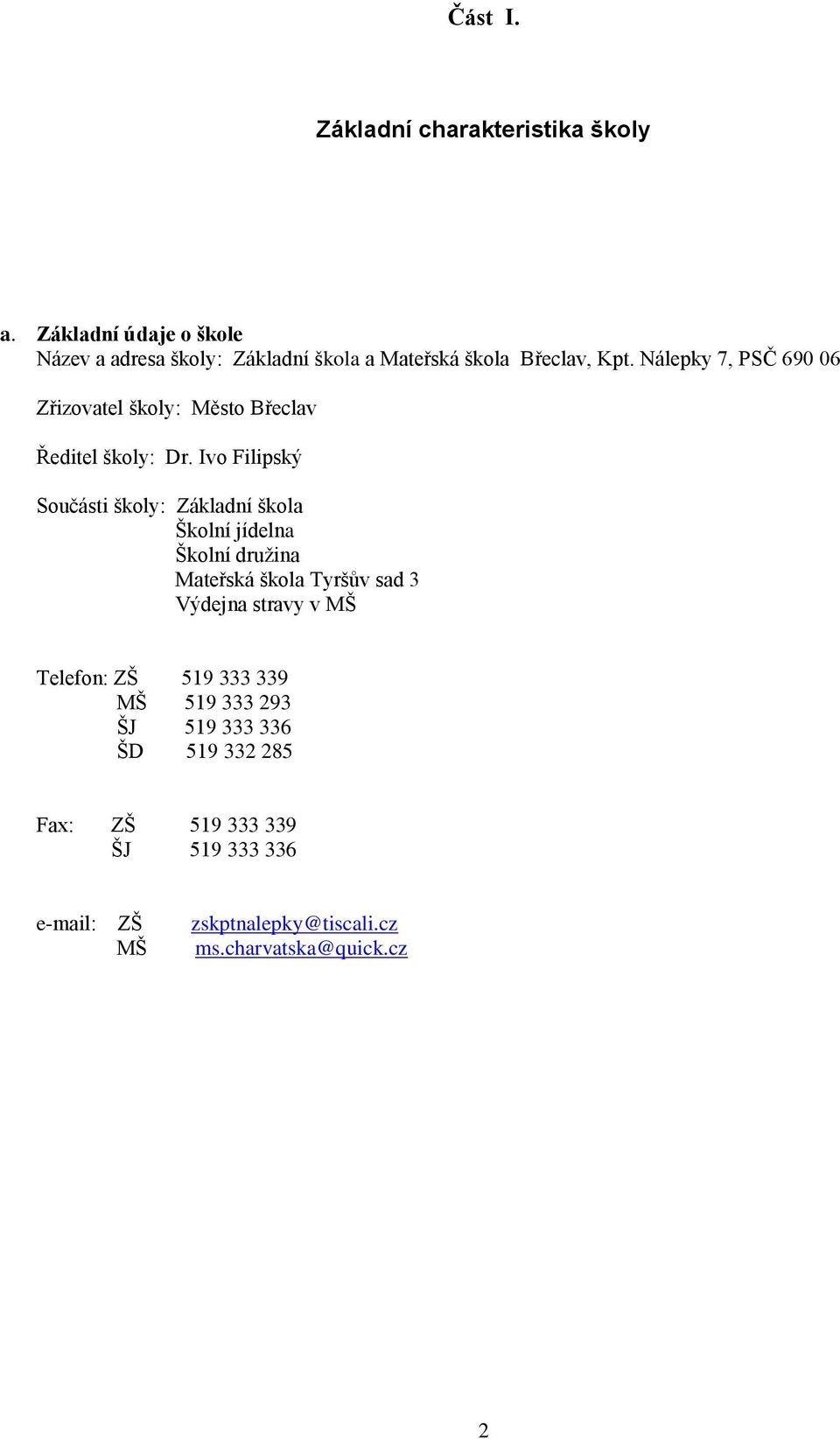 Nálepky 7, PSČ 690 06 Zřizovatel školy: Město Břeclav Ředitel školy: Dr.