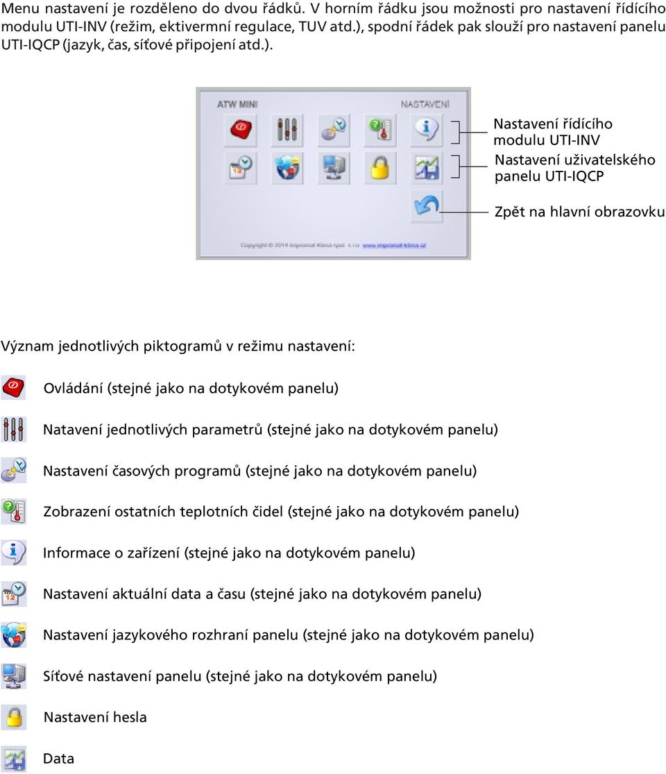 jednotlivých piktogramù v re imu nastavení: Ovládání (stejné jako na dotykovém panelu) Natavení jednotlivých parametrù (stejné jako na dotykovém panelu) Nastavení èasových programù (stejné jako na