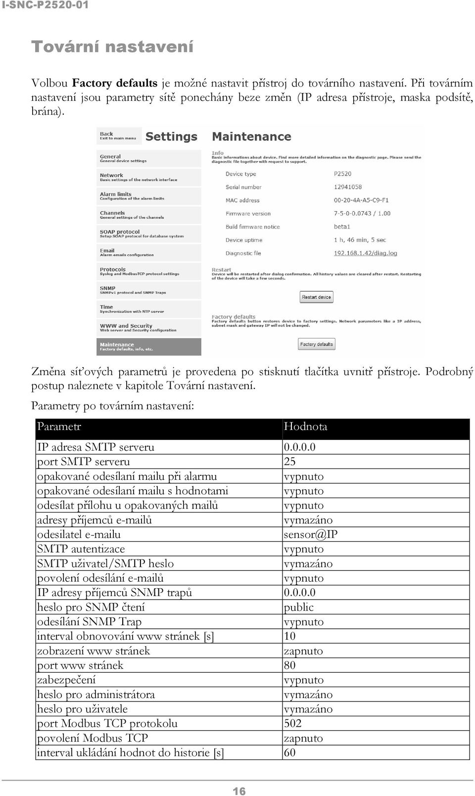 Parametry po továrním nastavení: Parametr Hodnota IP adresa SMTP serveru 0.