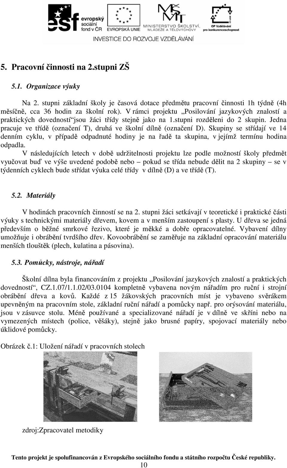 Jedna pracuje ve třídě (označení T), druhá ve školní dílně (označení D). Skupiny se střídají ve 14 denním cyklu, v případě odpadnuté hodiny je na řadě ta skupina, v jejímž termínu hodina odpadla.