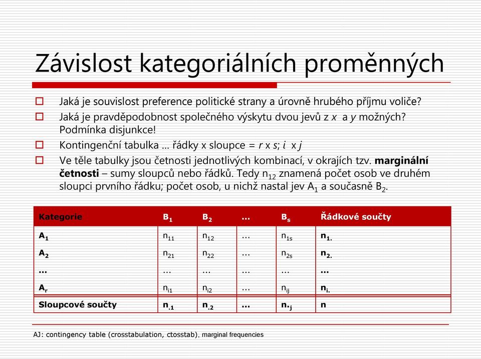 Kontingenční tabulka řádky x sloupce = r x s; i x j Ve těle tabulky jsou četnosti jednotlivých kombinací, v okrajích tzv. marginální četnosti sumy sloupců nebo řádků.