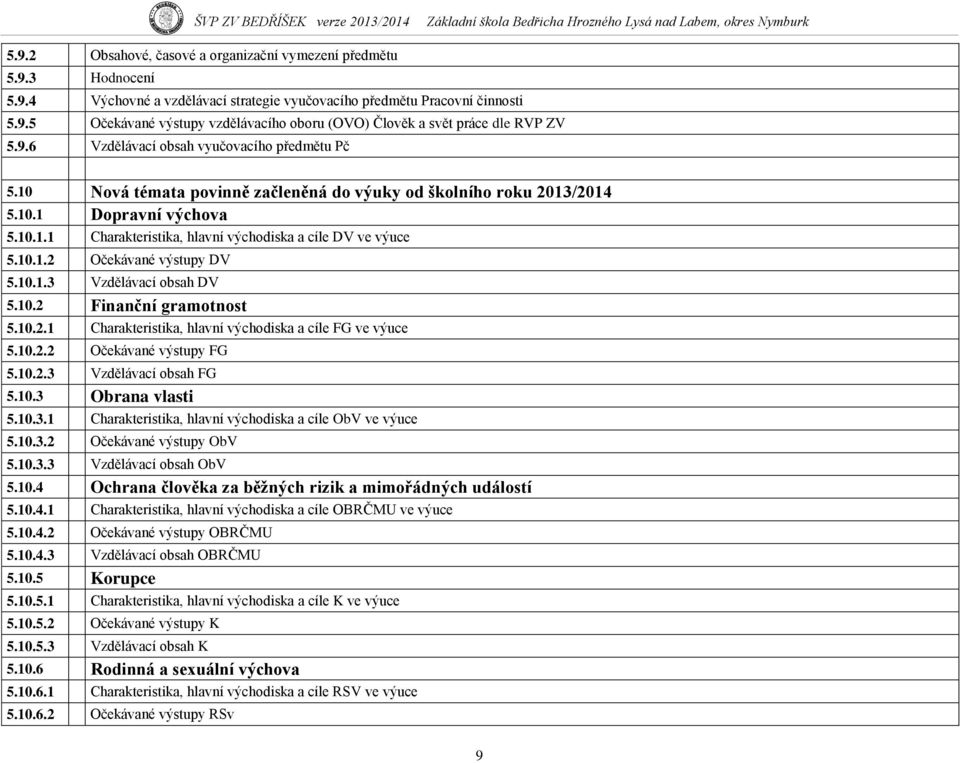 10.1.2 Očekávané výstupy DV 5.10.1.3 Vzdělávací obsah DV 5.10.2 Finanční gramotnost 5.10.2.1 Charakteristika, hlavní východiska a cíle FG ve výuce 5.10.2.2 Očekávané výstupy FG 5.10.2.3 Vzdělávací obsah FG 5.