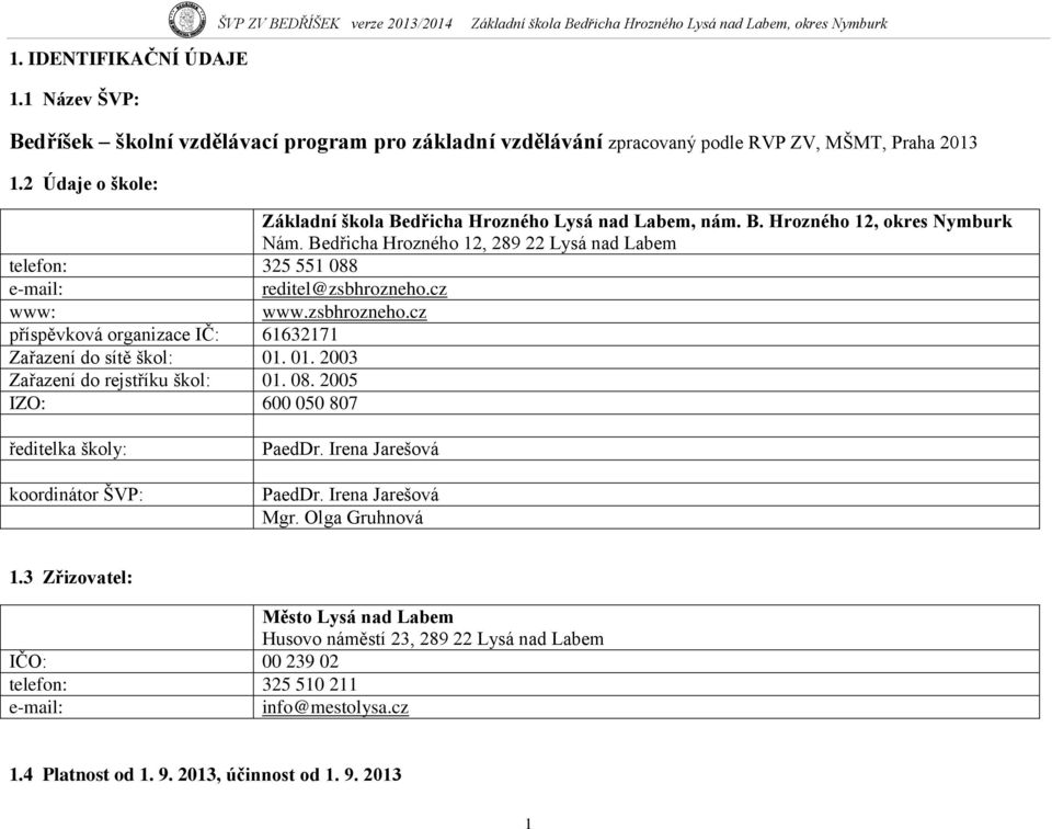 Bedřicha Hrozného 12, 289 22 Lysá nad Labem telefon: 325 551 088 e-mail: reditel@zsbhrozneho.cz www: www.zsbhrozneho.cz příspěvková organizace IČ: 61632171 Zařazení do sítě škol: 01.