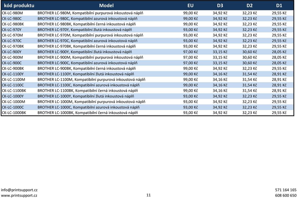 Kč 29,55 Kč CK-LC-970M BROTHER LC-970M, Kompatibilní purpurová inkoustová náplň 93,00 Kč 34,92 Kč 32,23 Kč 29,55 Kč CK-LC-970C BROTHER LC-970C, Kompatibilní azurová inkoustová náplň 93,00 Kč 34,92 Kč