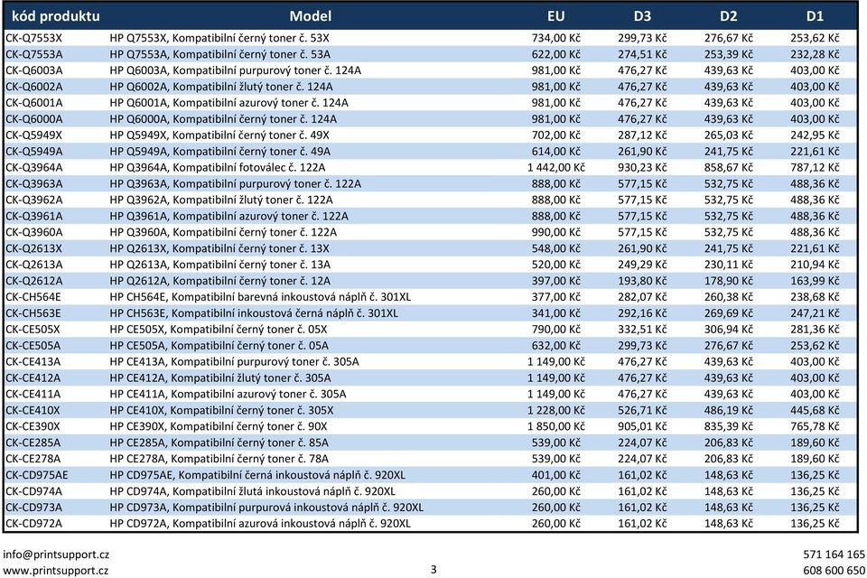 124A 981,00 Kč 476,27 Kč 439,63 Kč 403,00 Kč CK-Q6001A HP Q6001A, Kompatibilní azurový toner č. 124A 981,00 Kč 476,27 Kč 439,63 Kč 403,00 Kč CK-Q6000A HP Q6000A, Kompatibilní černý toner č.