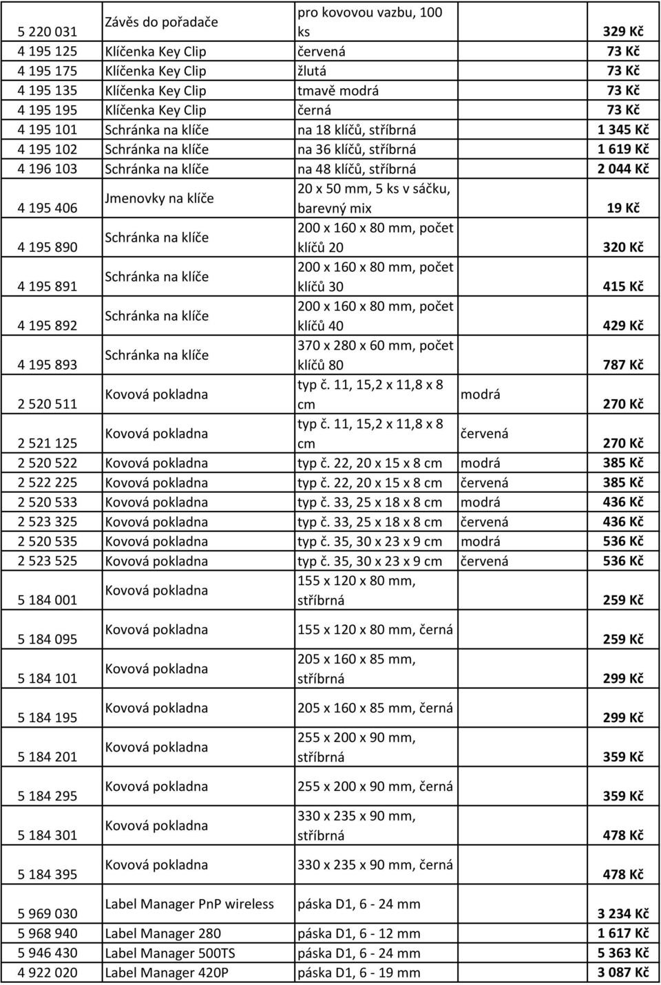 044 Kč 20 x 50 mm, 5 ks v sáčku, Jmenovky na klíče 4 195 406 barevný mix 19 Kč 200 x 160 x 80 mm, počet Schránka na klíče 4 195 890 klíčů 20 320 Kč 200 x 160 x 80 mm, počet Schránka na klíče 4 195