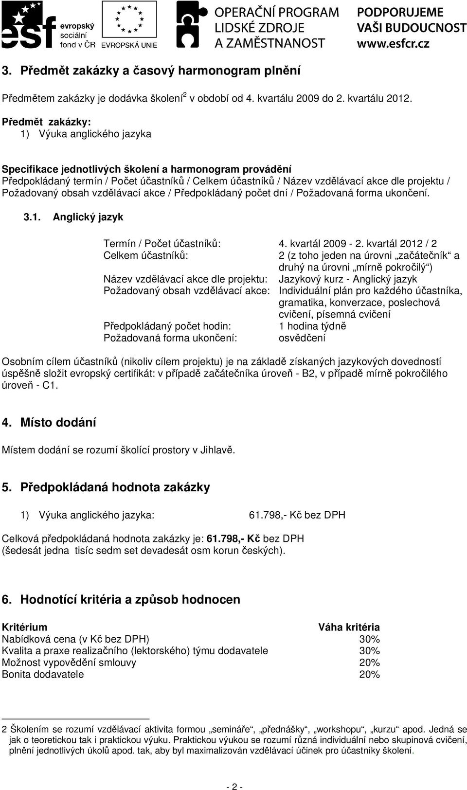 Požadovaný obsah vzdělávací akce / Předpokládaný počet dní / Požadovaná forma ukončení. 3.1. Anglický jazyk Termín / Počet účastníků: 4. kvartál 2009-2.