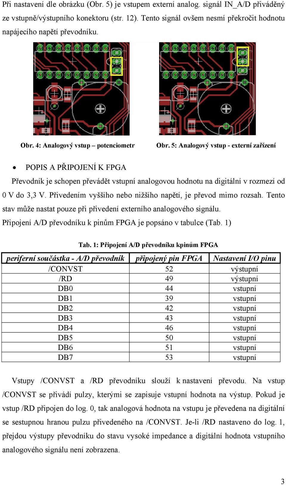 5: Analogový vstup - externí zařízení POPIS A PŘIPOJENÍ K FPGA Převodník je schopen převádět vstupní analogovou hodnotu na digitální v rozmezí od 0 V do 3,3 V.