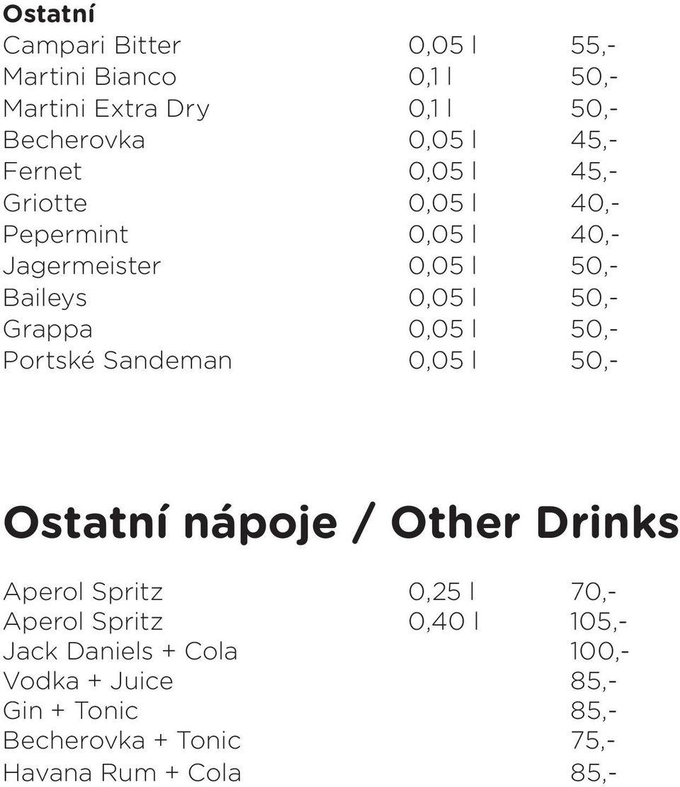 0,05 l 50,- Portské Sandeman 0,05 l 50,- Ostatní nápoje / Other Drinks Aperol Spritz 0,25 l 70,- Aperol Spritz