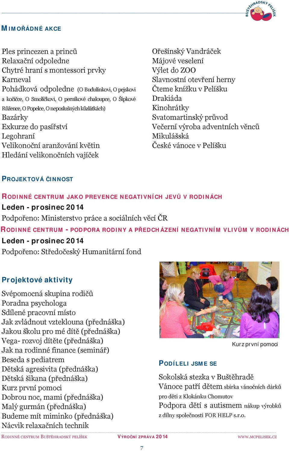 chaloupce, O Šípkové Růžence, O Popelce, O neposlušných kůzlátkách) Bazárky Exkurze do pasířství Legohraní Velikonoční aranžování květin Hledání velikonočních vajíček PROJEKTOVÁ ČINNOST RODINNÉ
