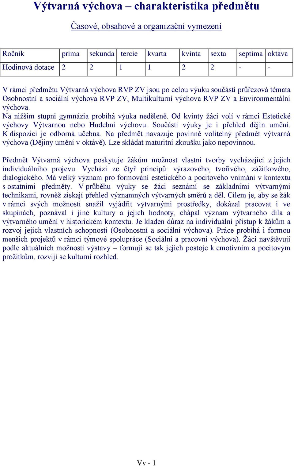 Od kvinty žáci volí v rámci Estetické výchovy Výtvarnou nebo Hudební výchovu. Součástí výuky je i přehled dějin umění. K dispozici je odborná učebna.