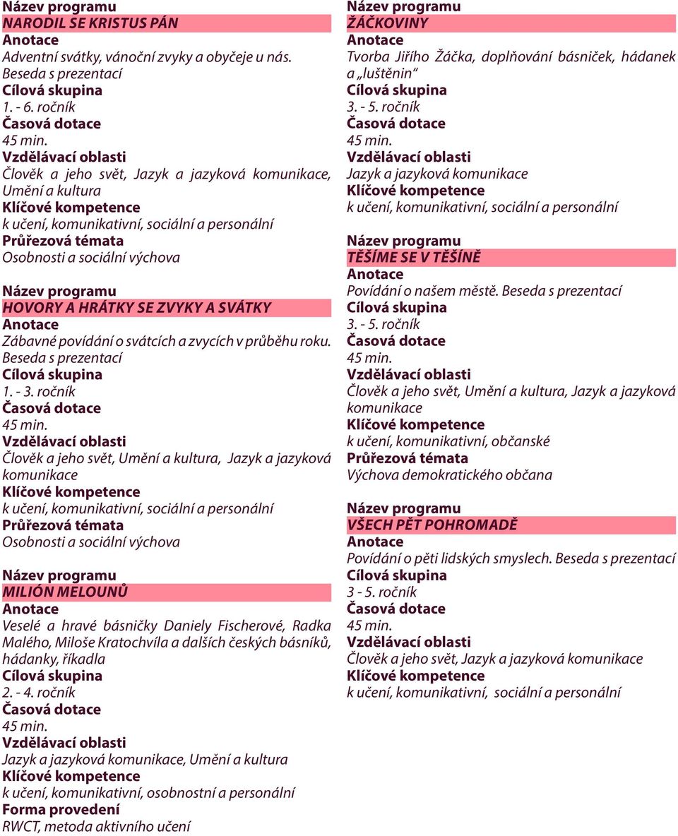 ročník Člověk a jeho svět,, Jazyk a jazyková komunikace Osobnosti a sociální výchova MILIÓN MELOUNŮ Veselé a hravé básničky Daniely Fischerové, Radka Malého, Miloše Kratochvíla a dalších českých