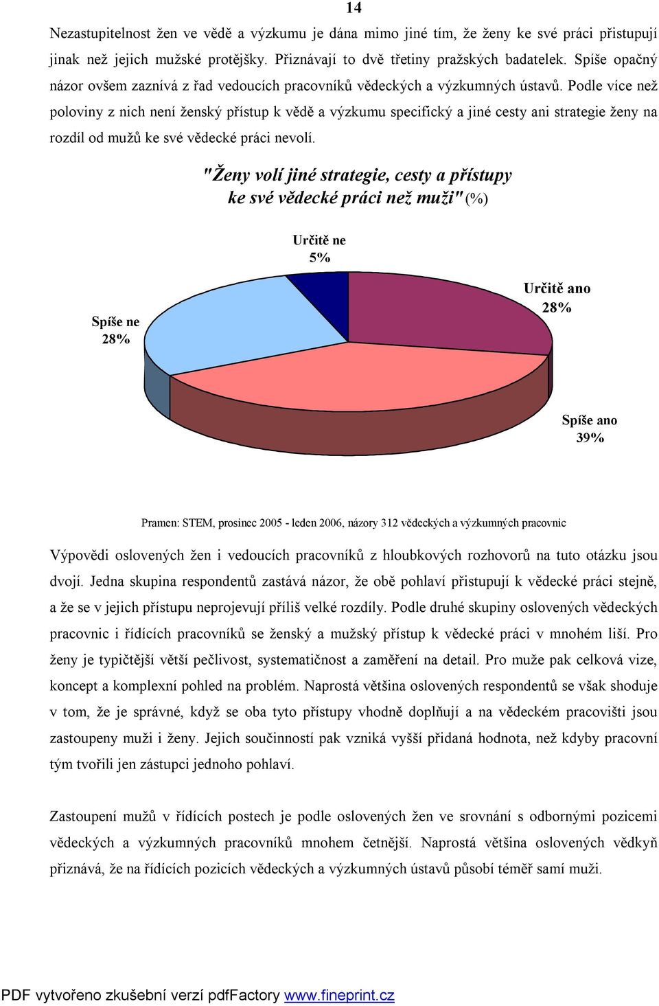 Podle více než poloviny z nich není ženský přístup k vědě a výzkumu specifický a jiné cesty ani strategie ženy na rozdíl od mužů ke své vědecké práci nevolí.