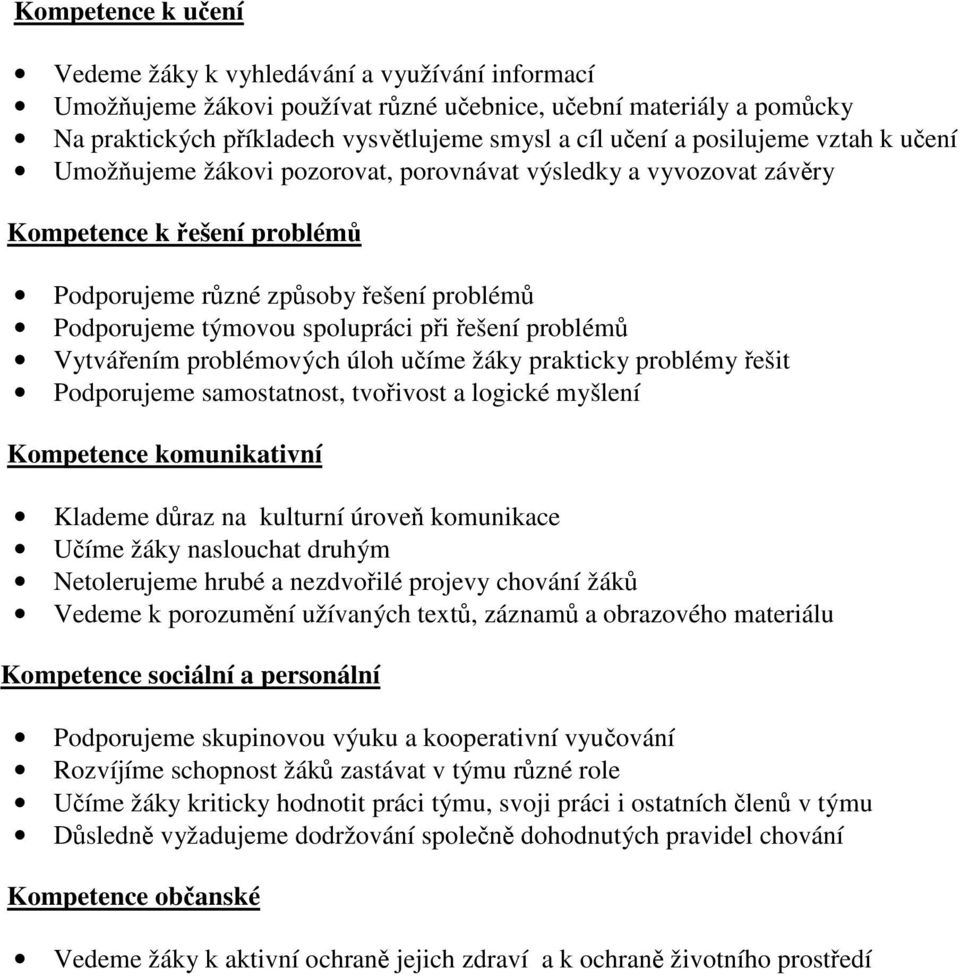 řešení problémů Vytvářením problémových úloh učíme žáky prakticky problémy řešit Podporujeme samostatnost, tvořivost a logické myšlení Kompetence komunikativní Klademe důraz na kulturní úroveň