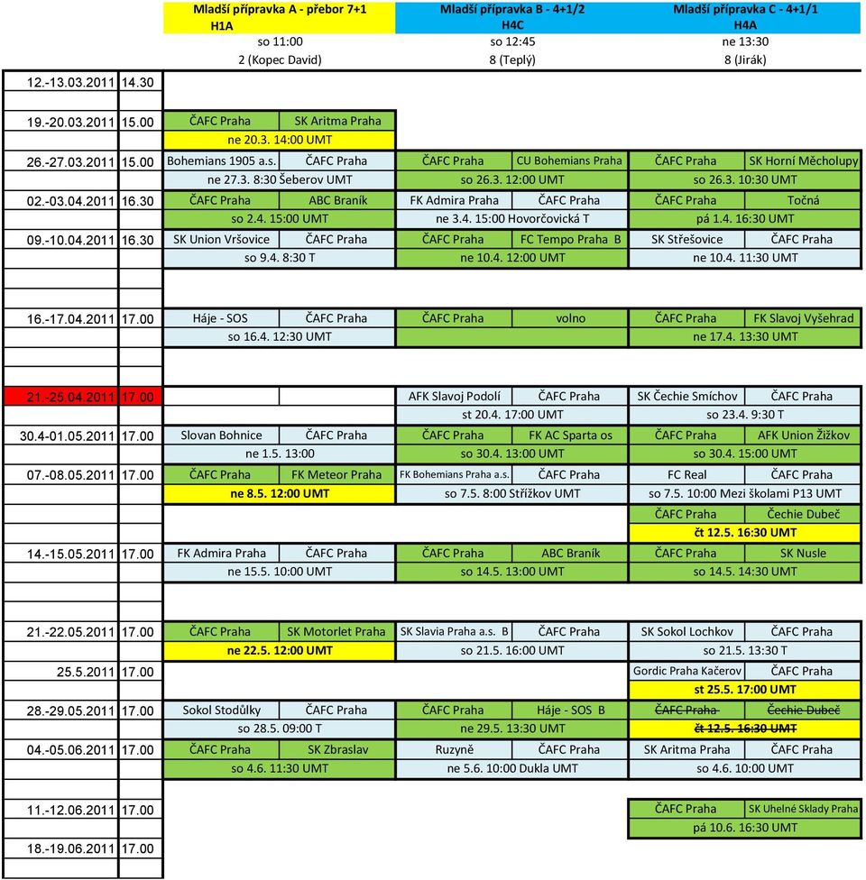 15:00 UMT ne 3.4. 15:00 Hovorčovická T pá 1.4. 16:30 UMT SK Union Vršovice FC Tempo Praha B SK Střešovice so 9.4. 8:30 T ne 10.4. 12:00 UMT ne 10.4. 11:30 UMT Háje - SOS volno FK Slavoj Vyšehrad so 16.