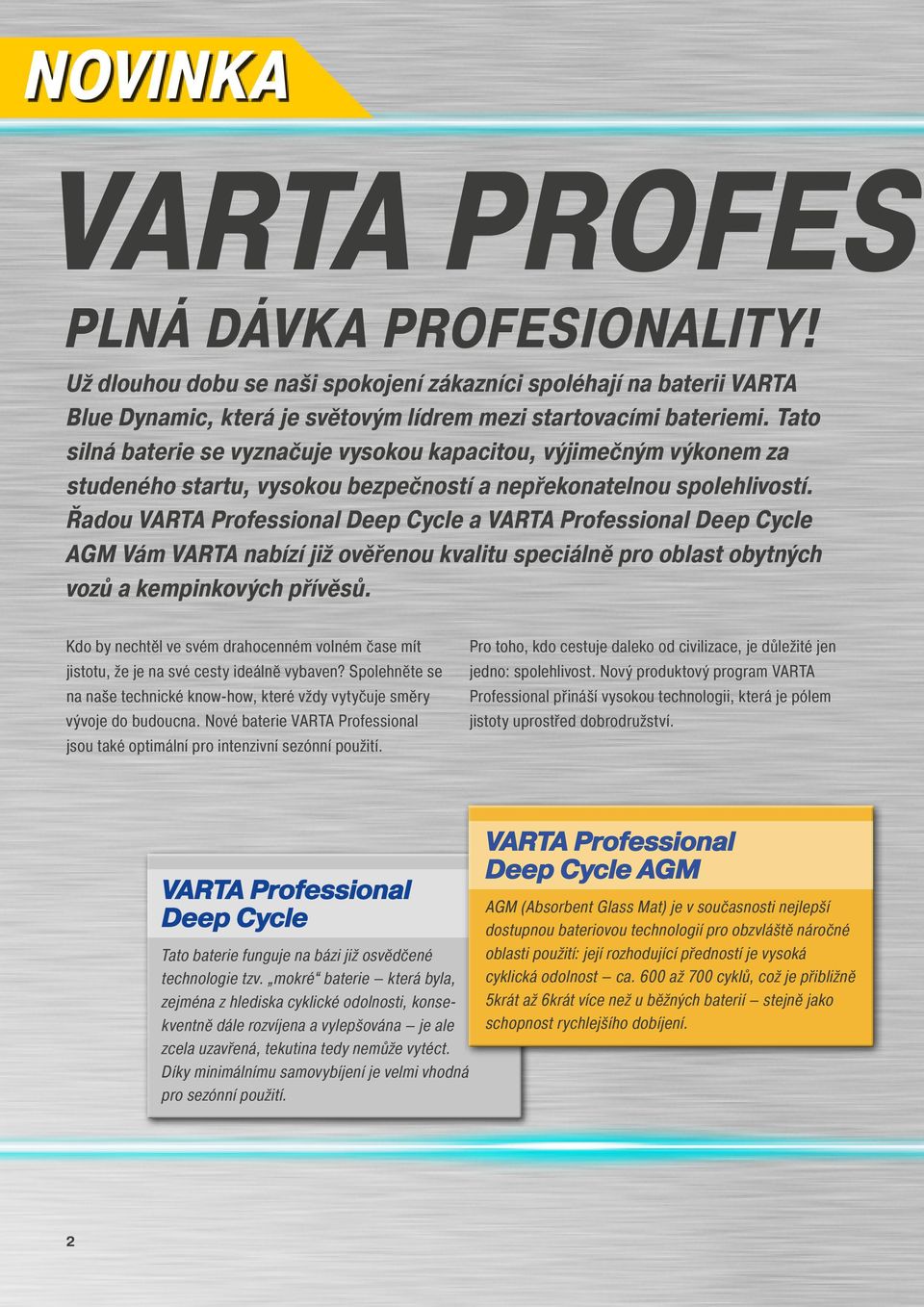 Řadou VARTA Professional Deep Cycle a VARTA Professional Deep Cycle AGM Vám VARTA nabízí již ověřenou kvalitu speciálně pro oblast obytných vozů a kempinkových přívěsů.