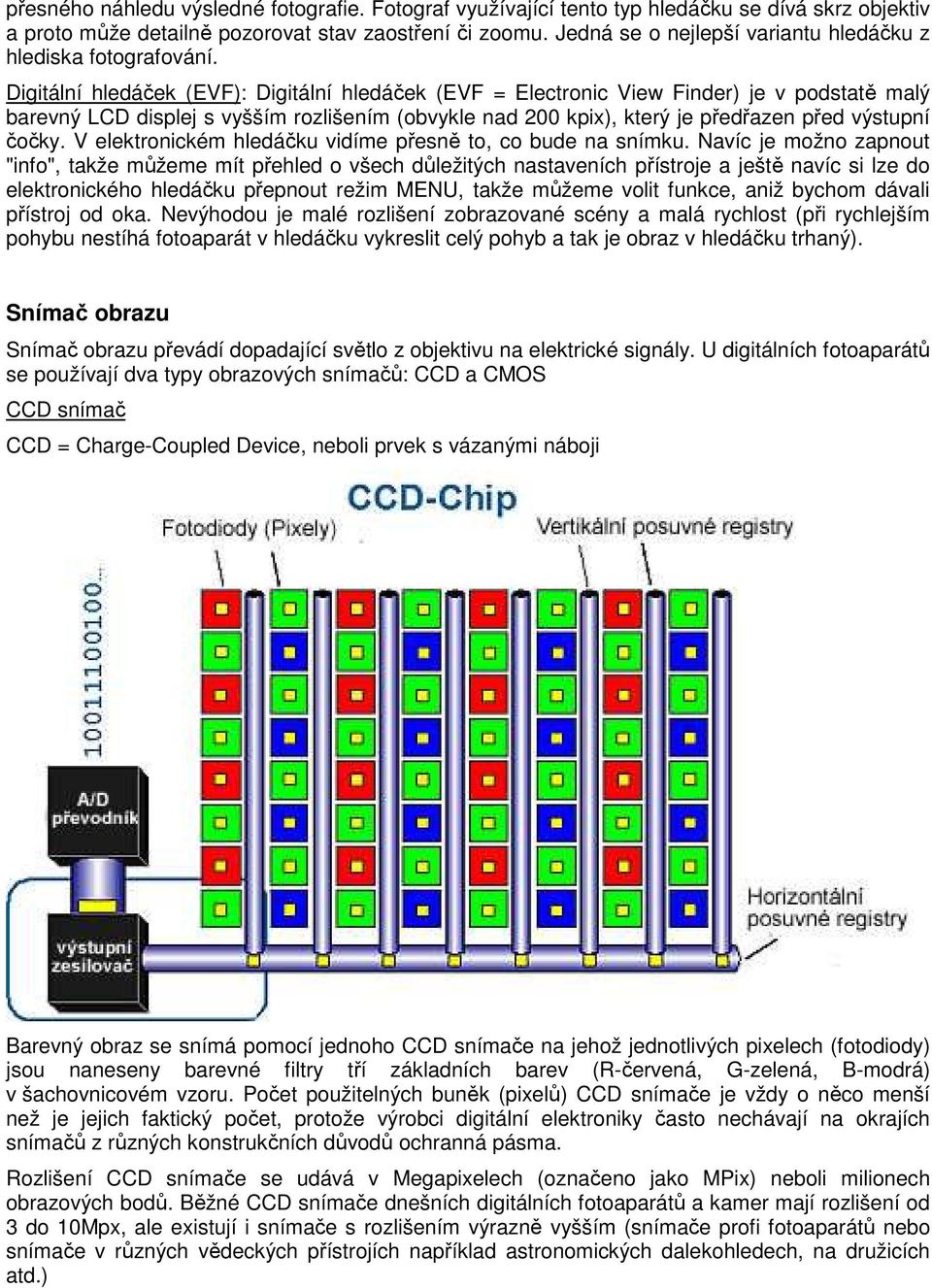 Digitální hledáček (EVF): Digitální hledáček (EVF = Electronic View Finder) je v podstatě malý barevný LCD displej s vyšším rozlišením (obvykle nad 200 kpix), který je předřazen před výstupní čočky.