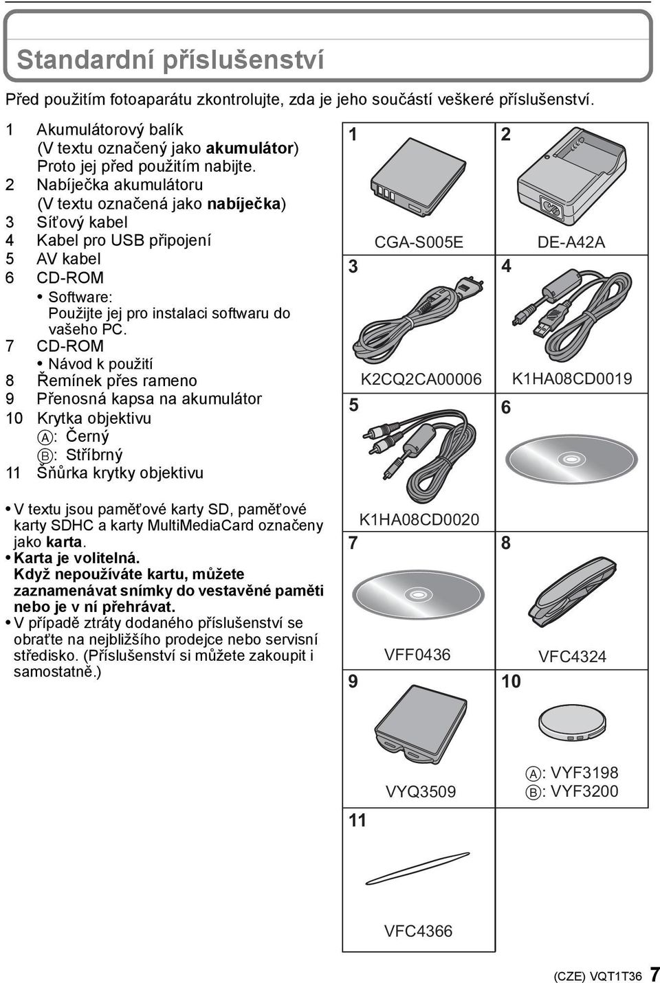 7 CD-ROM Návod k použití 8 Řemínek přes rameno 9 Přenosná kapsa na akumulátor 10 Krytka objektivu A: Černý B: Stříbrný 11 Šňůrka krytky objektivu 1 2 CGA-S005E DE-A42A 3 4 K2CQ2CA00006 K1HA08CD0019 5