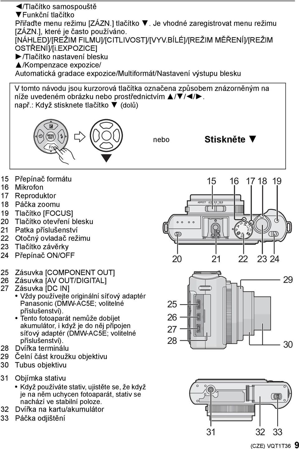 EXPOZICE] 1/Tlačítko nastavení blesku 3/Kompenzace expozice/ Automatická gradace expozice/multiformát/nastavení výstupu blesku V tomto návodu jsou kurzorová tlačítka označena způsobem znázorněným na