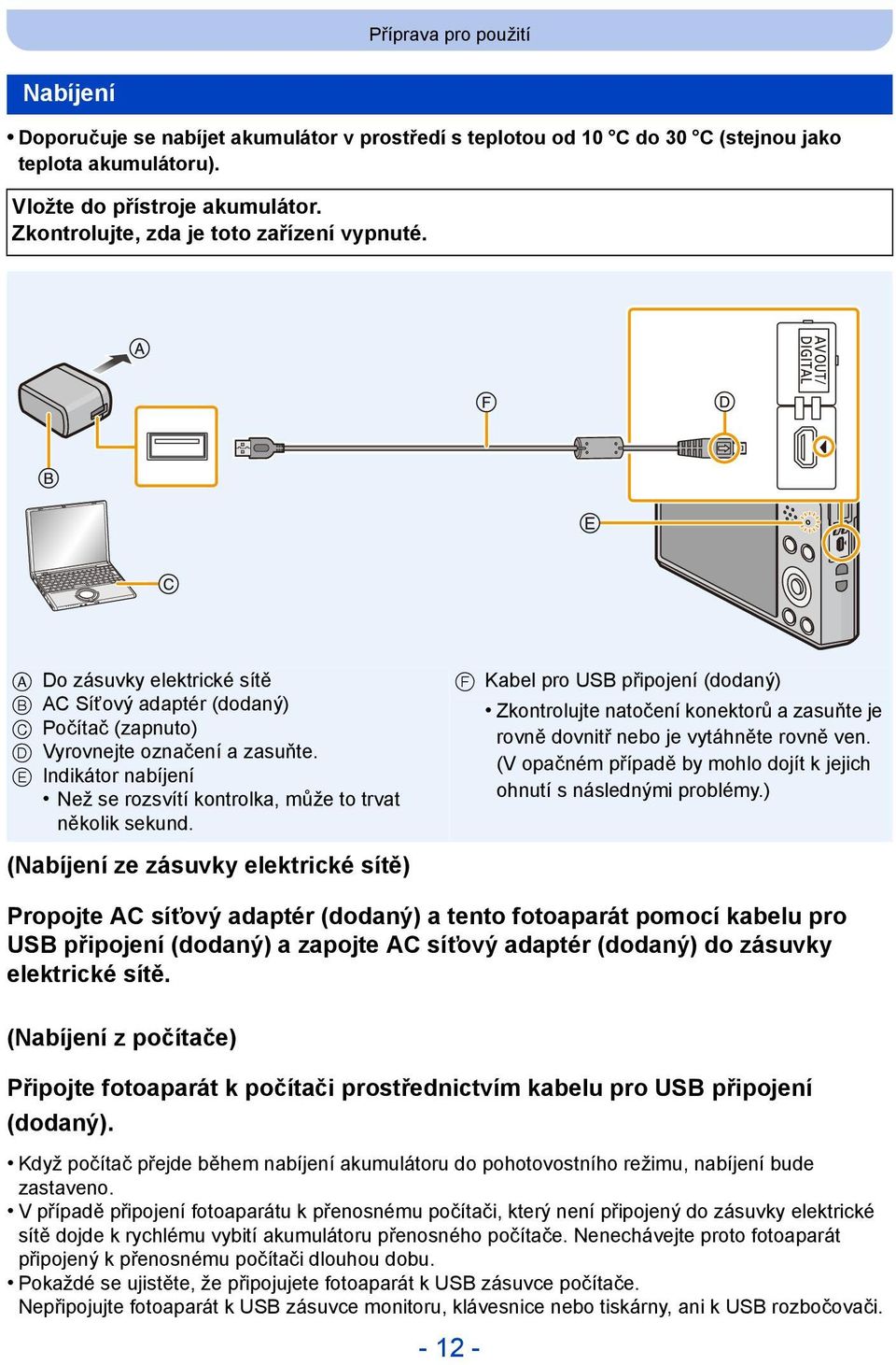 E Indikátor nabíjení Než se rozsvítí kontrolka, může to trvat několik sekund. F Kabel pro USB připojení (dodaný) Zkontrolujte natočení konektorů a zasuňte je rovně dovnitř nebo je vytáhněte rovně ven.