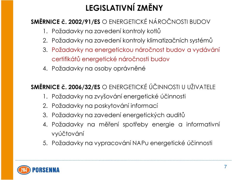 Požadavky na osoby oprávněné SMĚRNICE č. 2006/32/ES O ENERGETICKÉ ÚČINNOSTI U UŽIVATELE 1. Požadavky na zvyšování energetické účinnosti 2.