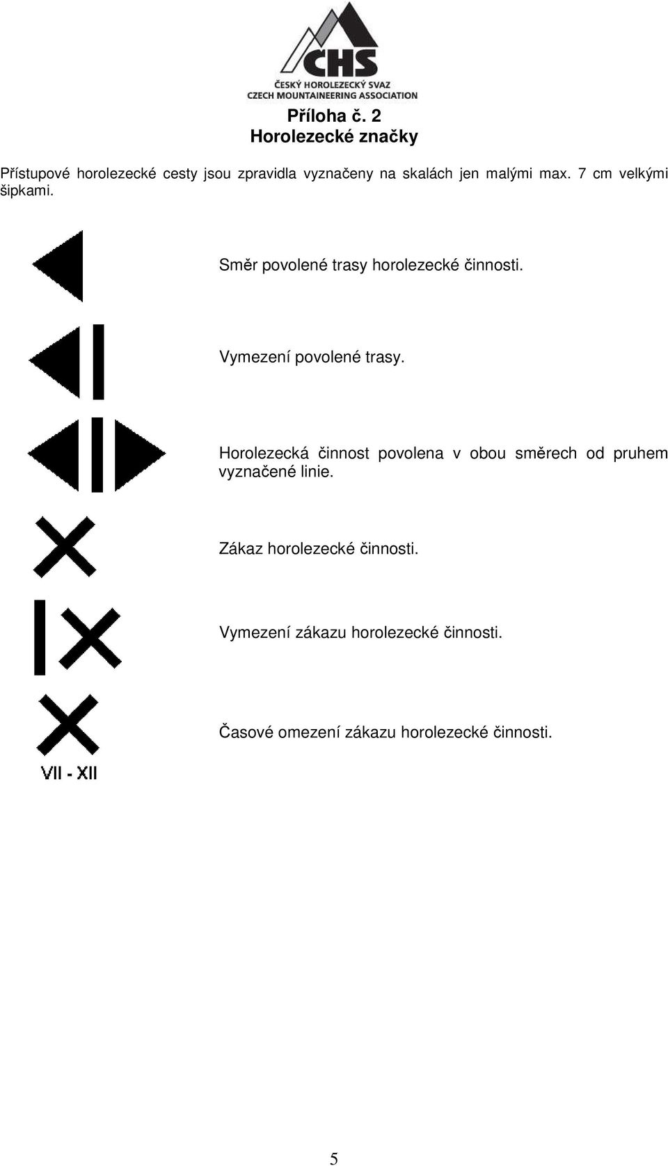 malými max. 7 cm velkými šipkami. Směr povolené trasy horolezecké činnosti.