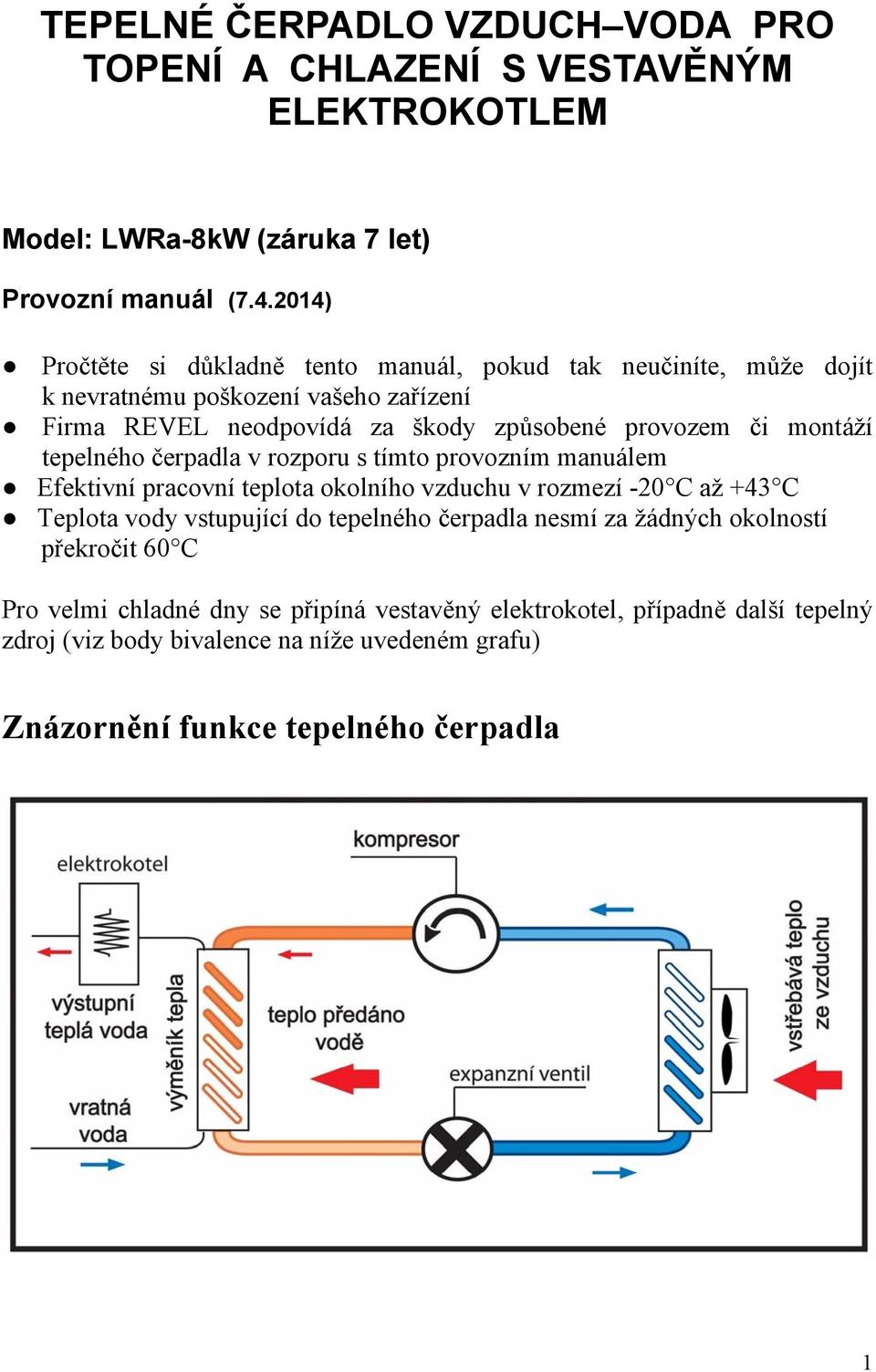 montáží tepelného čerpadla v rozporu s tímto provozním manuálem Efektivní pracovní teplota okolního vzduchu v rozmezí -20 C až +43 C Teplota vody vstupující do tepelného