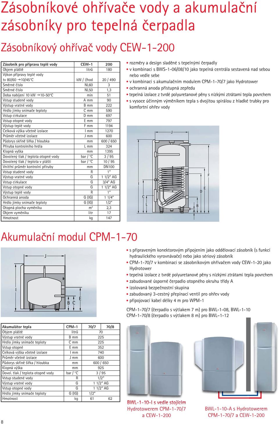 mm 590 Vstup cirkulace D mm 697 Vstup otopné vody E mm 797 Výstup teplé vody F mm 1194 Celková výška včetně izolace I mm 1270 Průměr včetně izolace J mm 600 Půdorys skříně šířka / hloubka mm 600 /