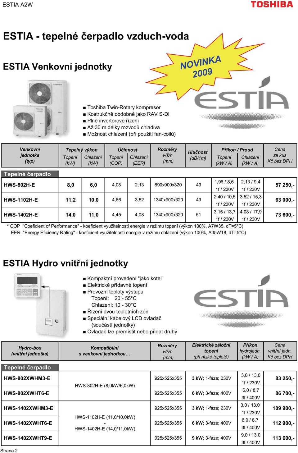 / A) Cena za kus K bez DPH Tepelné erpadlo HWS-802H-E HWS-1102H-E HWS-1402H-E 8,0 11,2 14,0 6,0 10,0 11,0 4,08 4,66 2,13 3,52 890x900x320 1340x900x320 49 49 4,45 4,08 1340x900x320 51 1,96 / 8,6 2,13