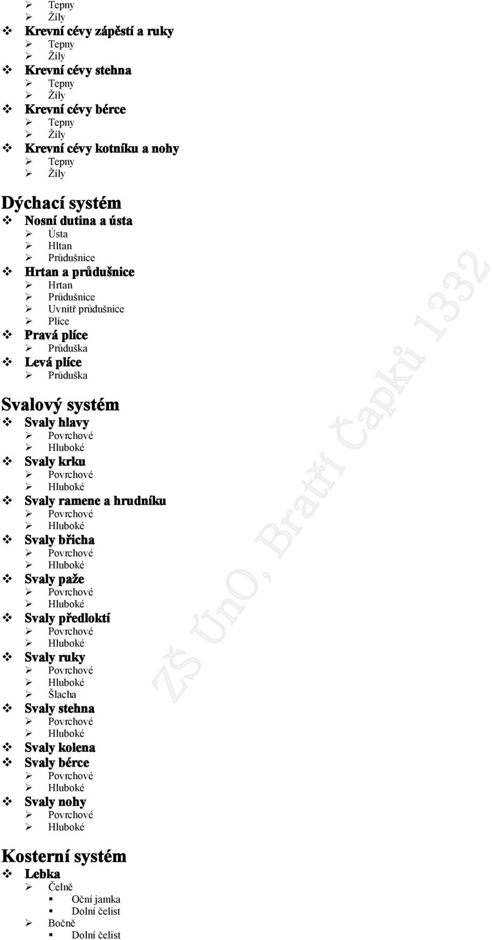 Svalový systém Svaly hlavy Svaly krku Svaly ramene a hrudníku Svaly břicha Svaly paže Svaly předloktí Svaly ruky