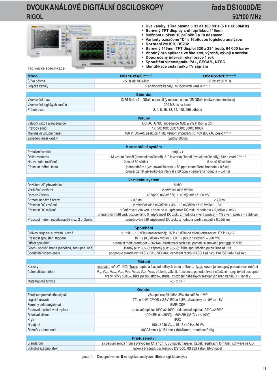 nastavení Varianty označené "D" s 16bitovou logickou analýzou Rozhraní 2xUSB, RS232 Barevný 145mm TFT displej 320 x 234 bodů, 64 000 barev Vhodný pro aplikace ve školství, výrobě, vývoji a servisu