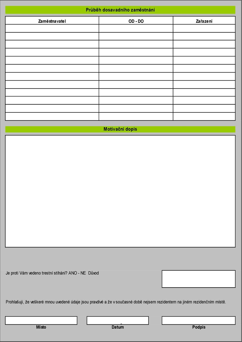 ANO - NE Důvod Prohlašuji, že veškeré mnou uvedené údaje jsou