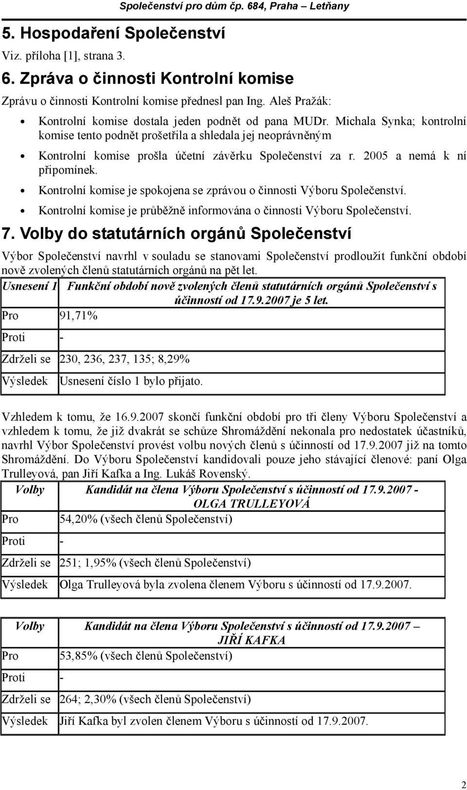 Michala Synka; kontrolní komise tento podnět prošetřila a shledala jej neoprávněným Kontrolní komise prošla účetní závěrku Společenství za r. 2005 a nemá k ní připomínek.