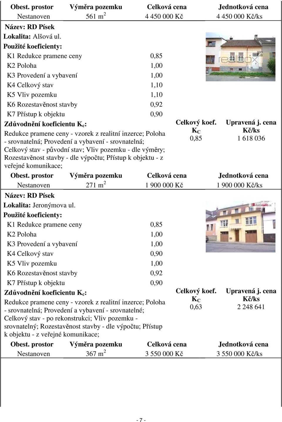 Zdůvodnění koeficientu K c : Redukce pramene ceny - vzorek z realitní inzerce; Poloha - srovnatelná; Provedení a vybavení - srovnatelná; Celkový stav - původní stav; Vliv pozemku - dle výměry;