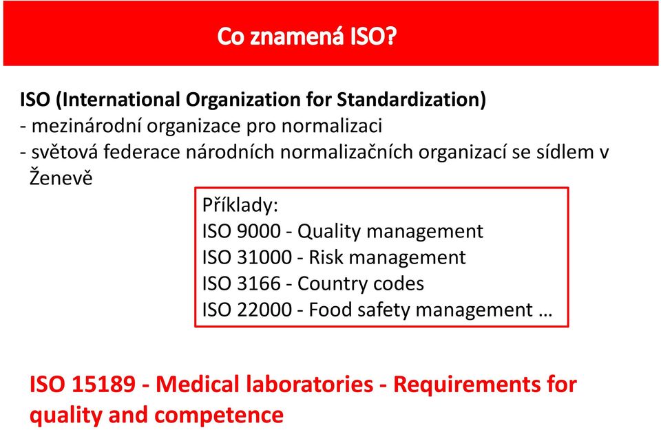 Příklady: ISO 9000 Quality management ISO 31000 Risk management ISO 3166 Country codes
