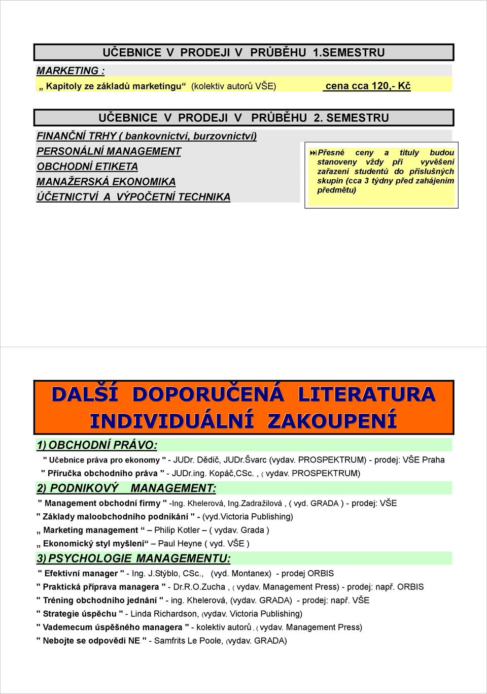 zařazení studentů do příslušných skupin (cca 3 týdny před zahájením předmětu) DALŠÍ DOPORUČENÁ LITERATURA INDIVIDUÁLNÍ ZAKOUPENÍ 1) OBCHODNÍ PRÁVO: " Učebnice práva pro ekonomy " - JUDr. Dědič, JUDr.