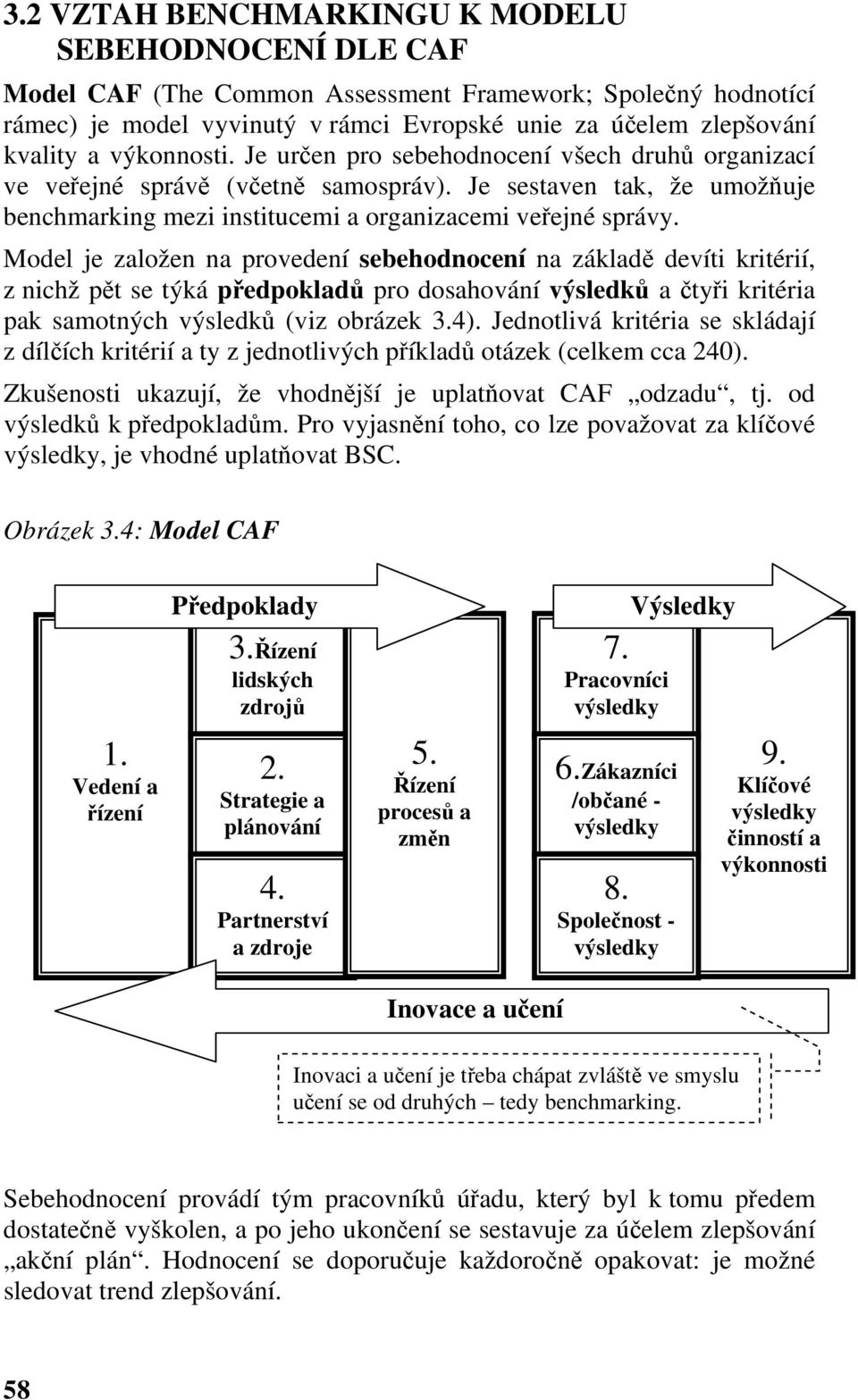 Model je založen na provedení sebehodnocení na základě devíti kritérií, z nichž pět se týká předpokladů pro dosahování výsledků a čtyři kritéria pak samotných výsledků (viz obrázek 3.4).