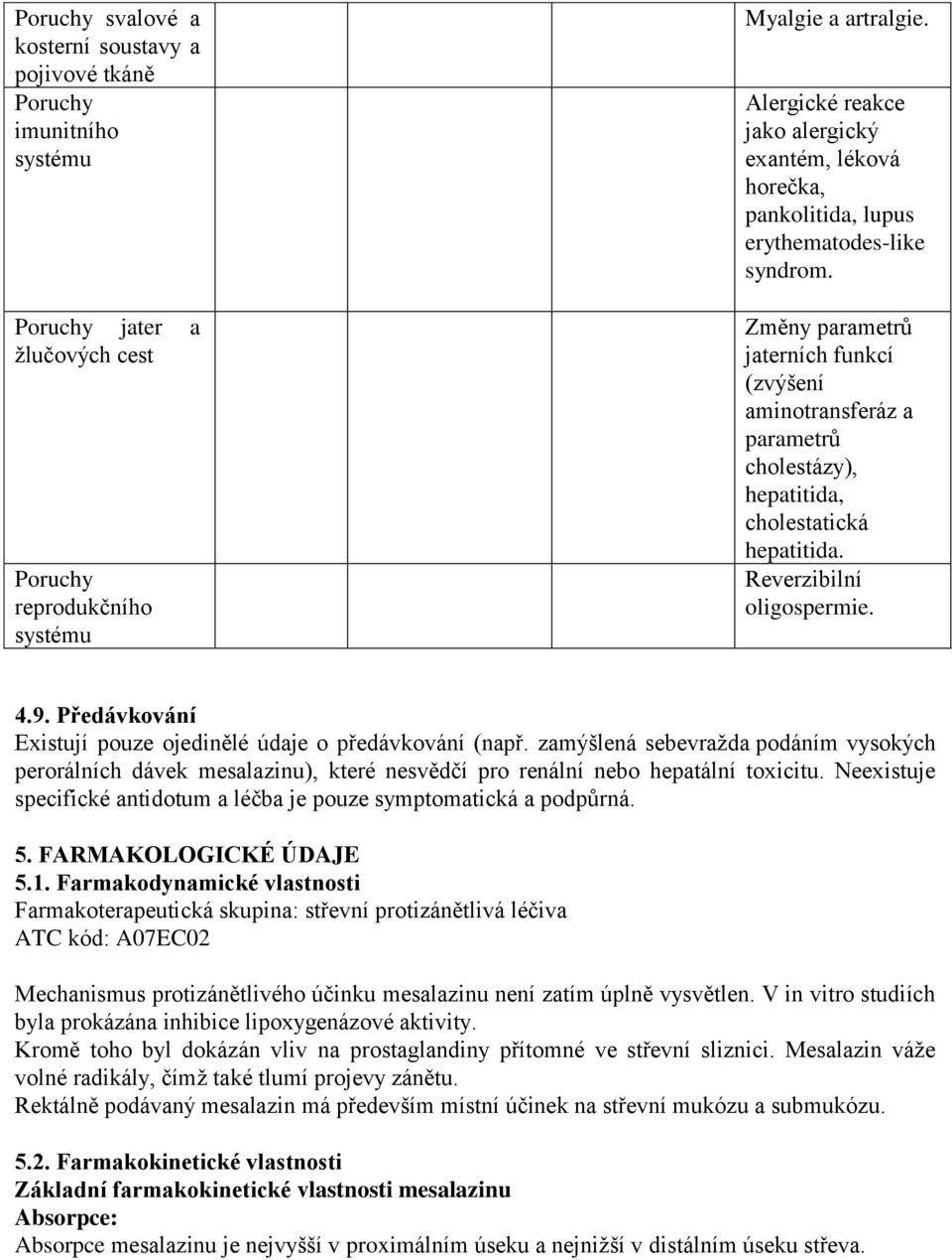 Změny parametrů jaterních funkcí (zvýšení aminotransferáz a parametrů cholestázy), hepatitida, cholestatická hepatitida. Reverzibilní oligospermie. 4.9.