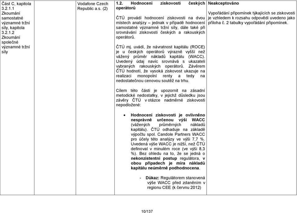 1.2 Zkoumání společné významné tržní síly Vodafone Czech Republic a.s. (2) 1.2. Hodnocení ziskovosti českých operátorů ČTÚ provádí hodnocení ziskovosti na dvou místech analýzy jednak v případě