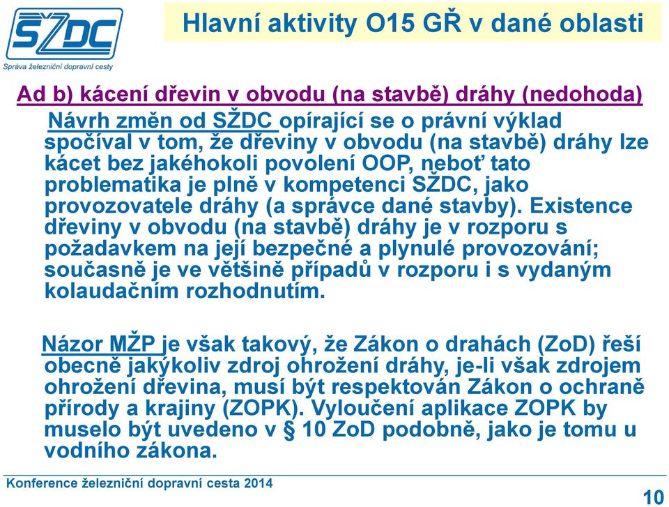 Existence dřeviny v obvodu (na stavbě) dráhy je v rozporu s požadavkem na její bezpečné a plynulé provozování; současně je ve většině případů v rozporu i s vydaným kolaudačním rozhodnutím.