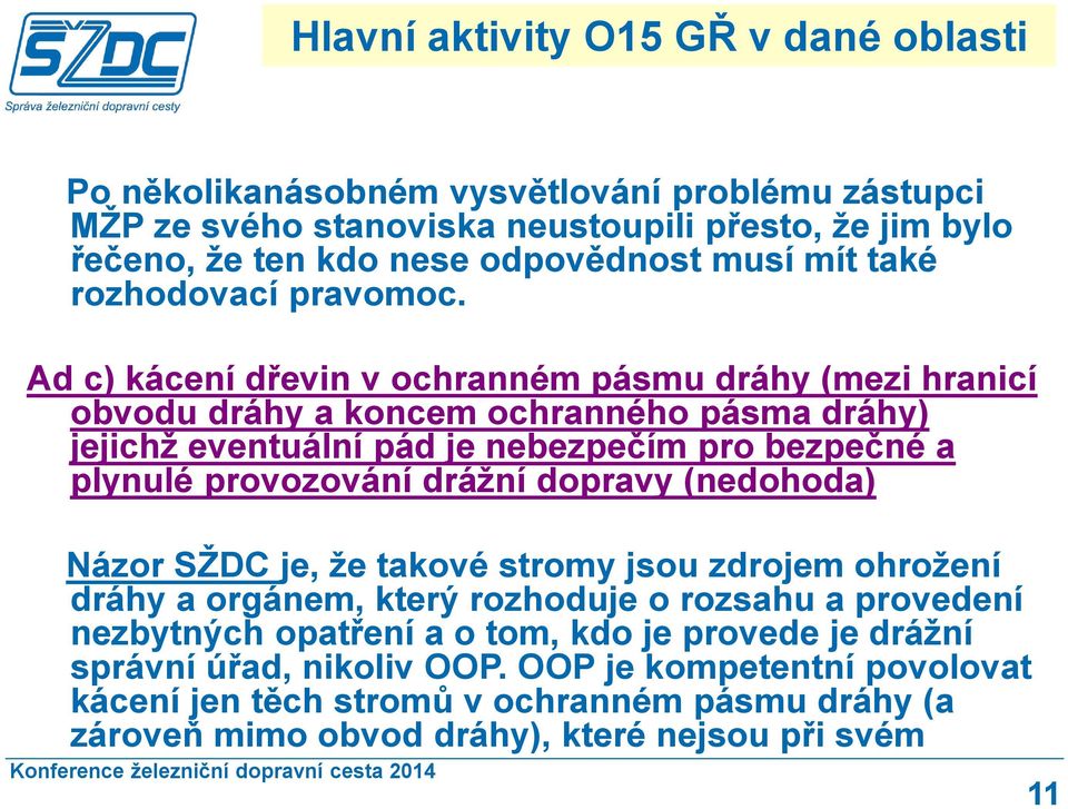 Ad c) kácení dřevin v ochranném pásmu dráhy (mezi hranicí obvodu dráhy a koncem ochranného pásma dráhy) jejichž eventuální pád je nebezpečím pro bezpečné a plynulé provozování drážní