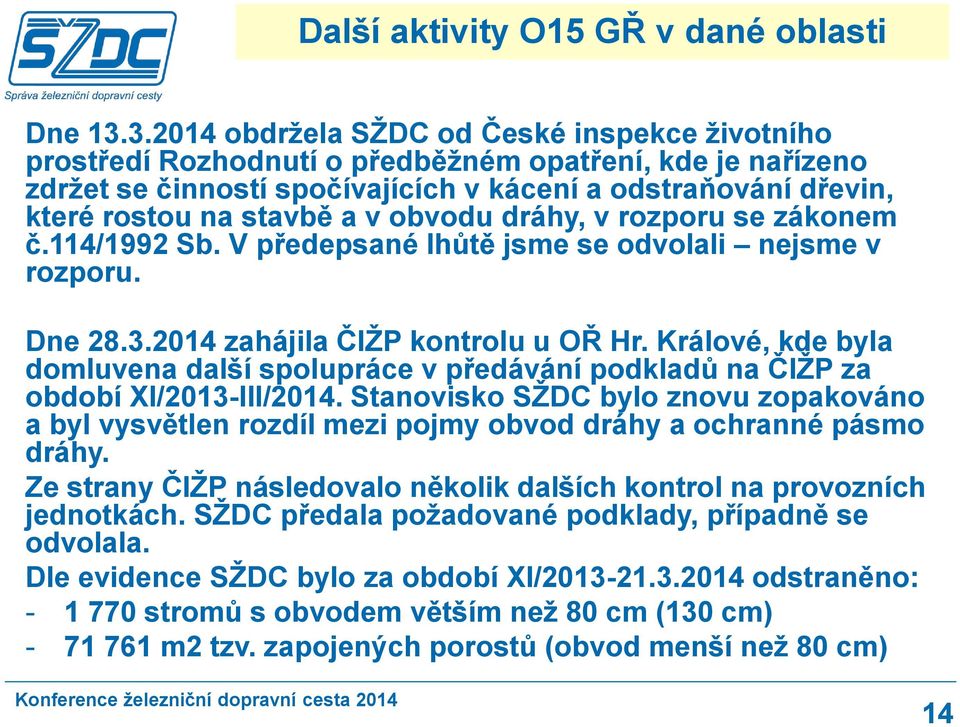 v obvodu dráhy, v rozporu se zákonem č.114/1992 Sb. V předepsané lhůtě jsme se odvolali nejsme v rozporu. Dne 28.3.2014 zahájila ČIŽP kontrolu u OŘ Hr.