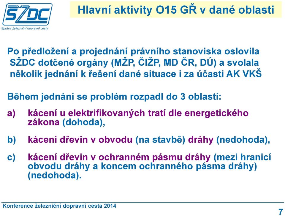 oblastí: a) kácení u elektrifikovaných tratí dle energetického zákona (dohoda), b) kácení dřevin v obvodu (na stavbě)