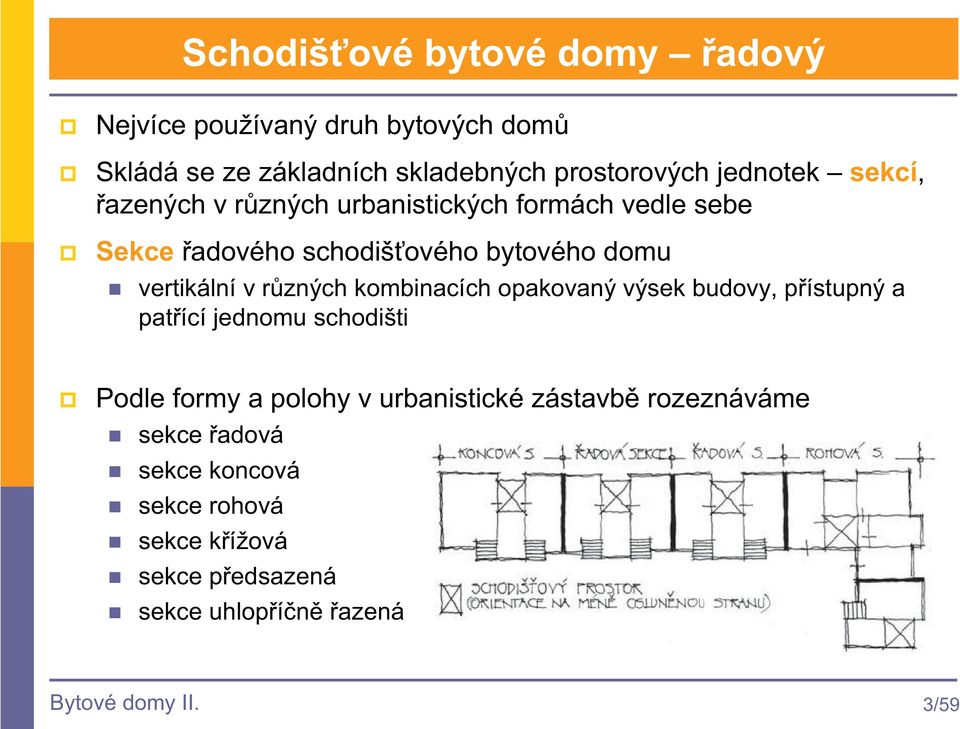 v rzných kombinacích opakovaný výsek budovy, pístupný a patící jednomu schodišti Podle formy a polohy v urbanistické