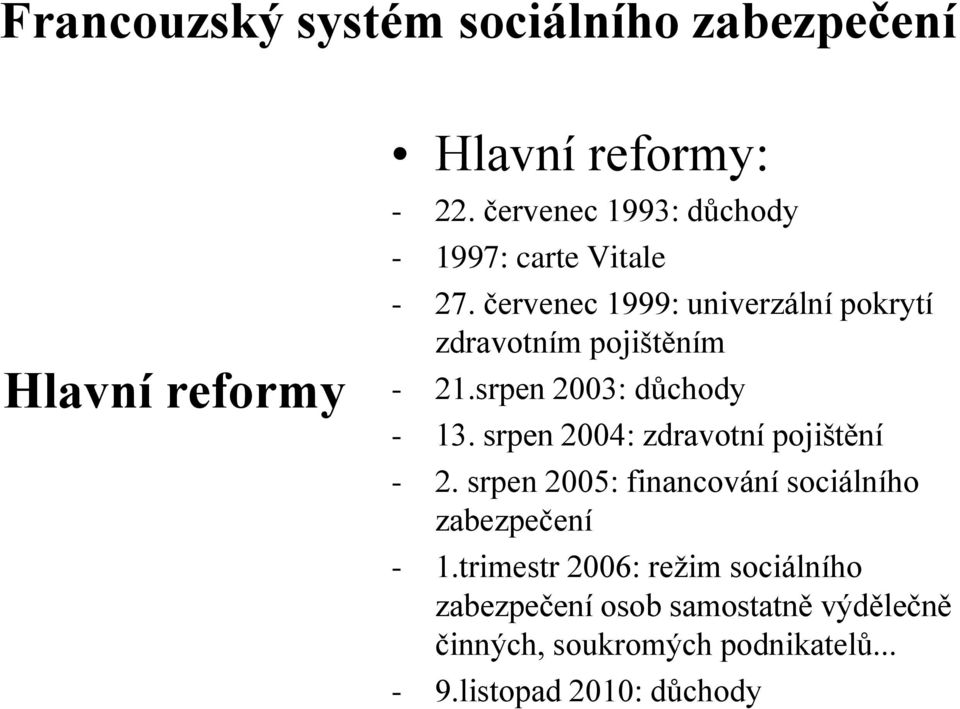 červenec 1999: univerzální pokrytí zdravotním pojištěním - 21.srpen 2003: důchody - 13.